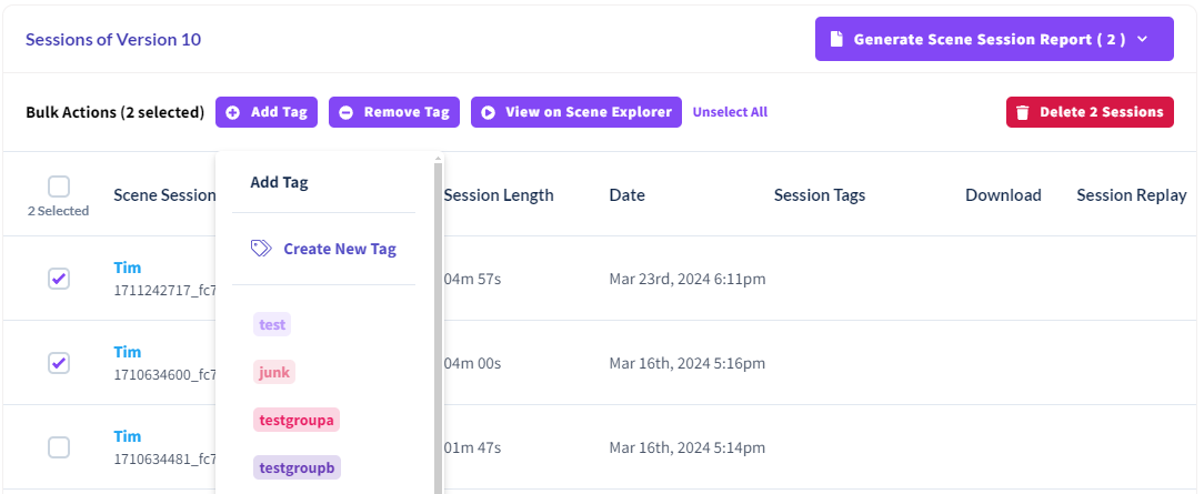 setting tags on session page